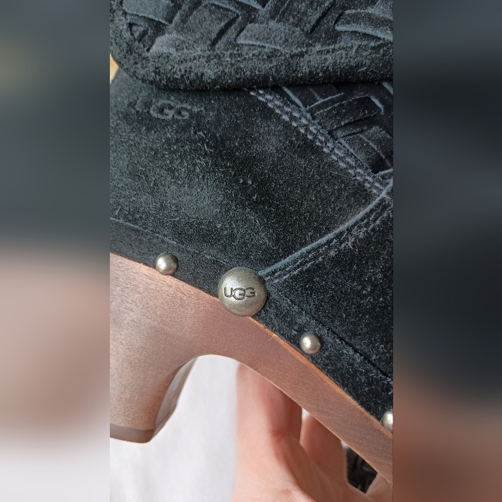 UGG Elegant Black Suede Leather With Sheepskin Women's Clog Wooden Sole Boots_7 - Picture 3 of 10